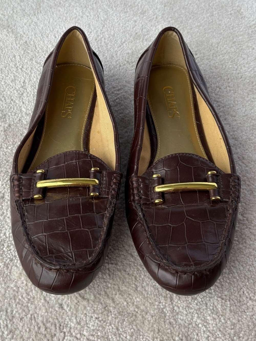 CHAPS Connie Women's Brown Croc-Embossed Gator Loafers with Gold Accent